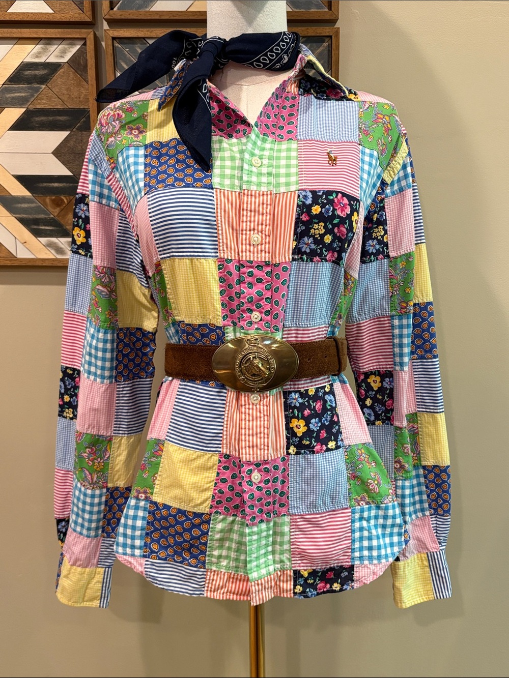 Vintage Ralph Lauren Blue Label Y2K Cotton Patchwork Button Down Top size 6